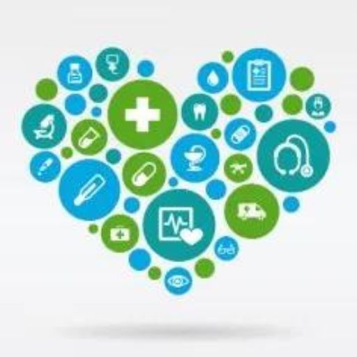 a heart shaped blue and green circles with icons