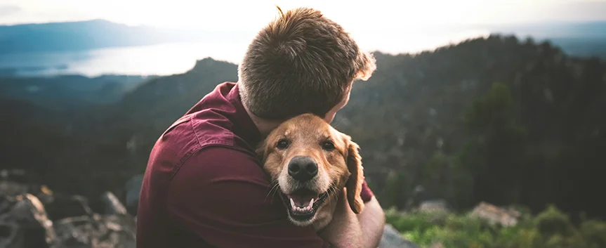 A person in a maroon shirt embraces a smiling golden retriever, with a serene mountain landscape in the background.